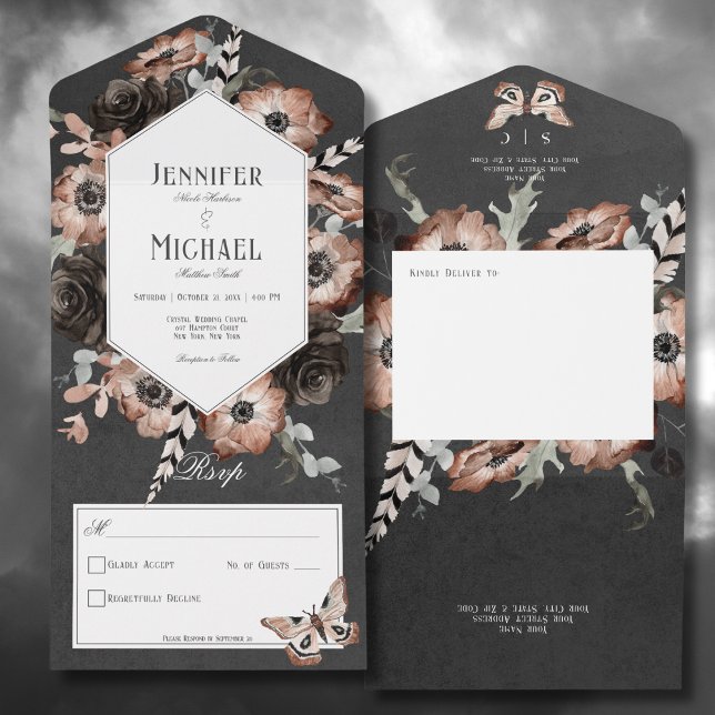 Gothic Boho Moth Black & Brown Blommigt No Middag (Gothic Boho Moth Black & Brown Floral All In One Wedding Invitation without Dinner Options)