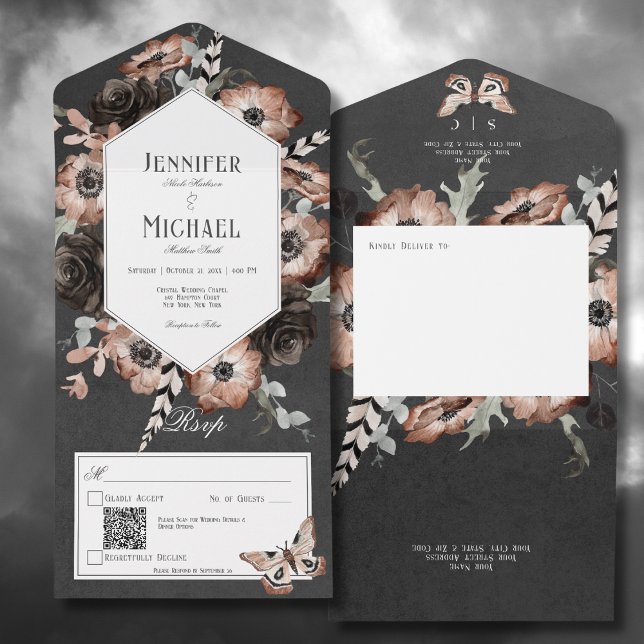 Gothic Boho Moth Black & Brown Blommigt QR-kod (Gothic Boho Moth Black & Brown Floral All In One Wedding Invitation with QR Code)
