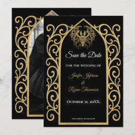 Gothic border black and gold wedding save the date meddelande