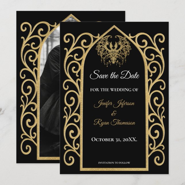 Gothic border black and gold wedding save the date meddelande (Fram/baksida)
