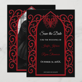Gothic border black and red wedding save the date meddelande