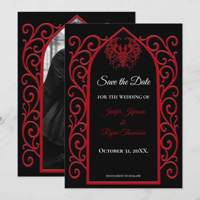 Gothic border black and red wedding save the date meddelande (Fram/baksida)
