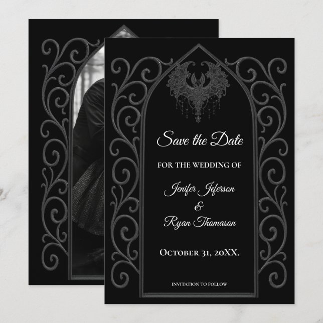 Gothic border black and white wedding save the dat meddelande (Fram/baksida)