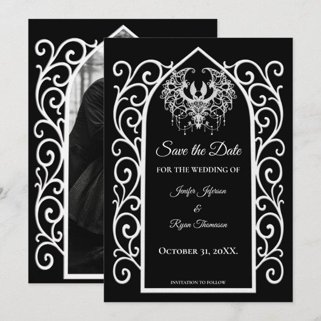 Gothic border black and white wedding save the dat meddelande (Fram/baksida)