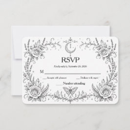 Gothic Botanical RSVP Svart och Vitt Tack Kort