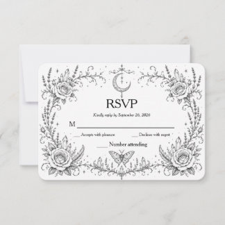 Gothic Botanical RSVP Svart och Vitt Tack Kort