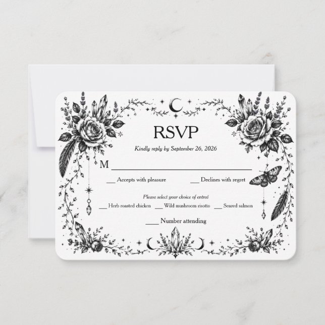 Gothic Botanical RSVP Svart och Vitt Tack Kort (Framsida)