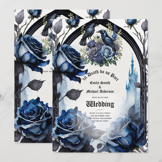 Gothic Bröllop Black Blue Ro Ravens Inbjudningar (Fram/baksida)