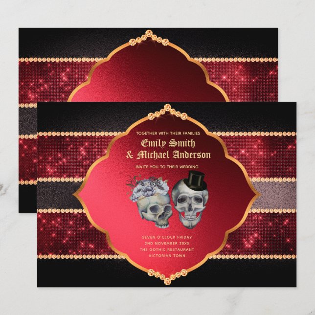 Gothic Bröllop Deep Red Grått Guld Döskallar Inbjudningar (Fram/baksida)