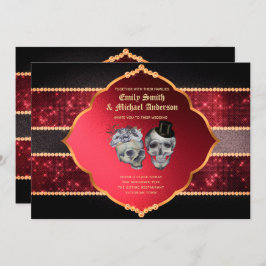 Gothic Bröllop Deep Red Grått Guld Döskallar Inbjudningar