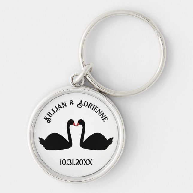 Gothic Bröllop Kissing Black Svanar Anpassningsbar Rund Silverfärgad Nyckelring (Framsidan)