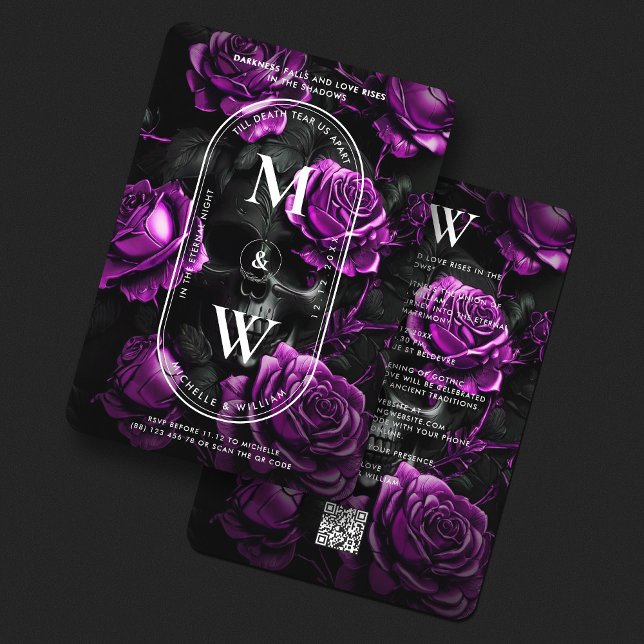 Gothic Bröllop Monogram Skull Lila Ro Inbjudningar (Gothic Wedding Monogram Skull Purple Roses Invitation
)