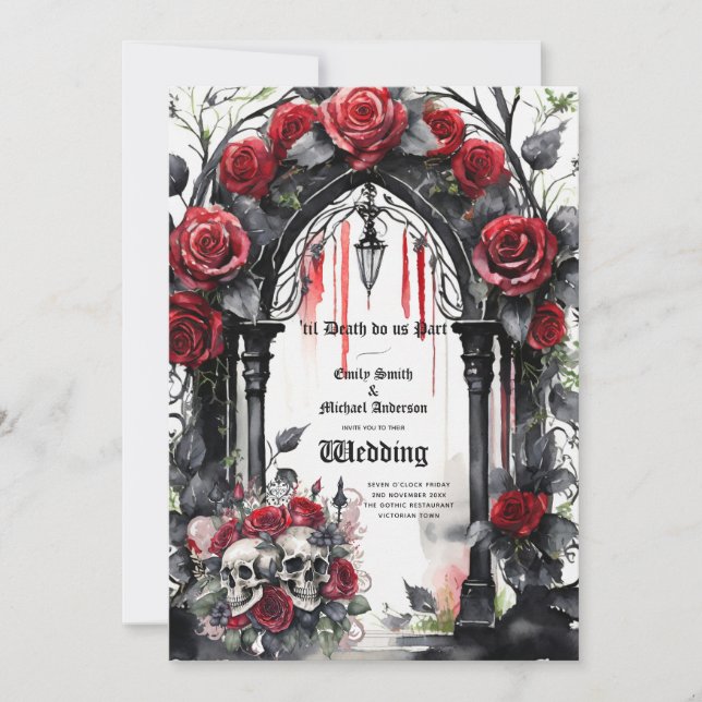Gothic Bröllop Red Black Ro Döskallar Arch Inbjudningar (Framsida)