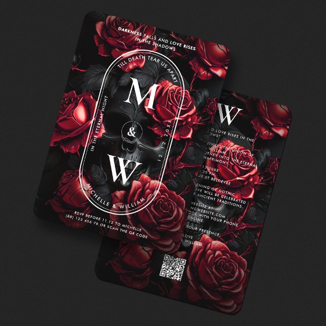 Gothic Bröllop Skull Ro Monogram Black Red Inbjudningar (Gothic Wedding Skull Roses Monogram Black Red Invitation
)