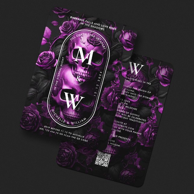 Gothic Bröllop Skull Ro Mörk Lila Monogram Inbjudningar (Gothic Wedding Skull Roses Purple Monogram Invitation
)