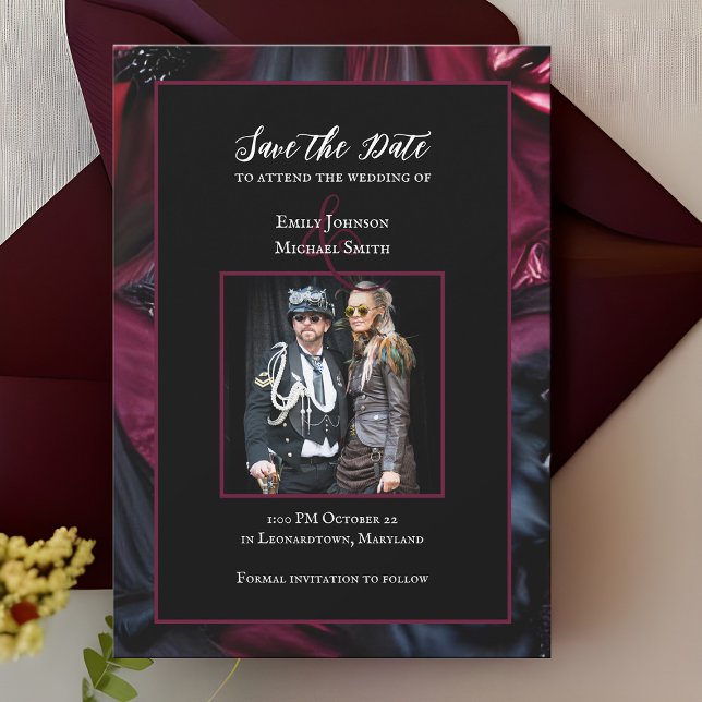 Gothic Bröllop spara datum Halloween Black Red Inbjudningar (Gothic wedding Save the Date Halloween themed announcement)