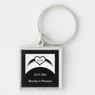 Gothic Bröllop Winged Heart Anpassningsbar Monogra Fyrkantig Silverfärgad Nyckelring