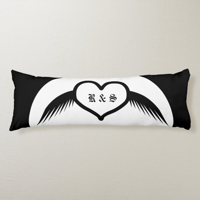 Gothic Bröllop Winged Heart Anpassningsbar Monogra Kroppskudde (Framsidan)