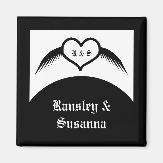 Gothic Bröllop Winged Heart Anpassningsbar Monogra Magnet (Framsidan)