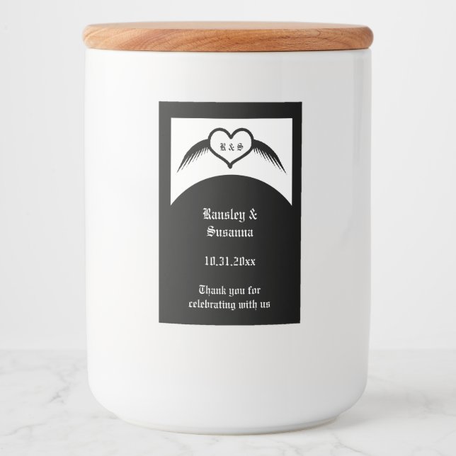 Gothic Bröllop Winged Heart Anpassningsbar Monogra Mat Etikett (Framsida)