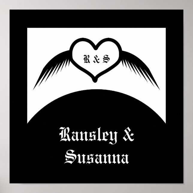 Gothic Bröllop Winged Heart Anpassningsbar Monogra Poster (Framsidan)