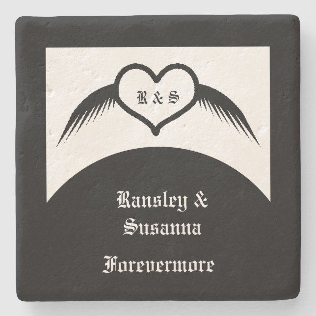 Gothic Bröllop Winged Heart Anpassningsbar Monogra Stenunderlägg (Framsidan)