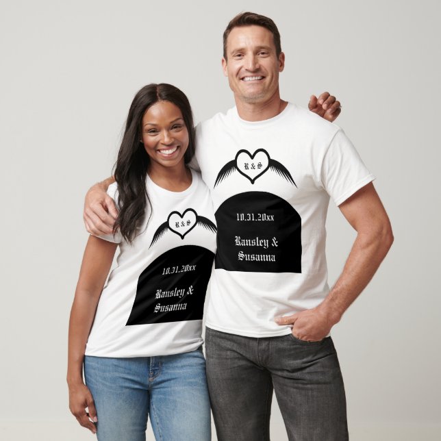 Gothic Bröllop Winged Heart Anpassningsbar Monogra T Shirt (Unisex)
