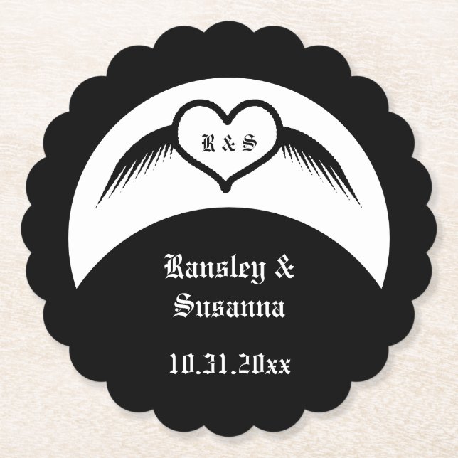 Gothic Bröllop Winged Heart Anpassningsbar Monogra Underlägg Papper (Framsida)