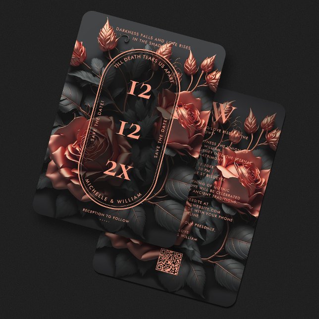 Gothic Bröllopsblomma Elegant Roseguld QR Spara Datumet (Gothic Wedding Monogram Floral Elegant Rosegold Save The Date
)