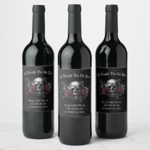 Gothic Burgundy Blommigt Skull Halloween Bröllop Vinflaska Etikett