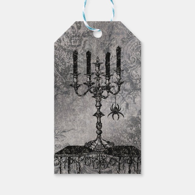 Gothic Candlestick med Spider, Halloween Presentetikett (Framsidan)