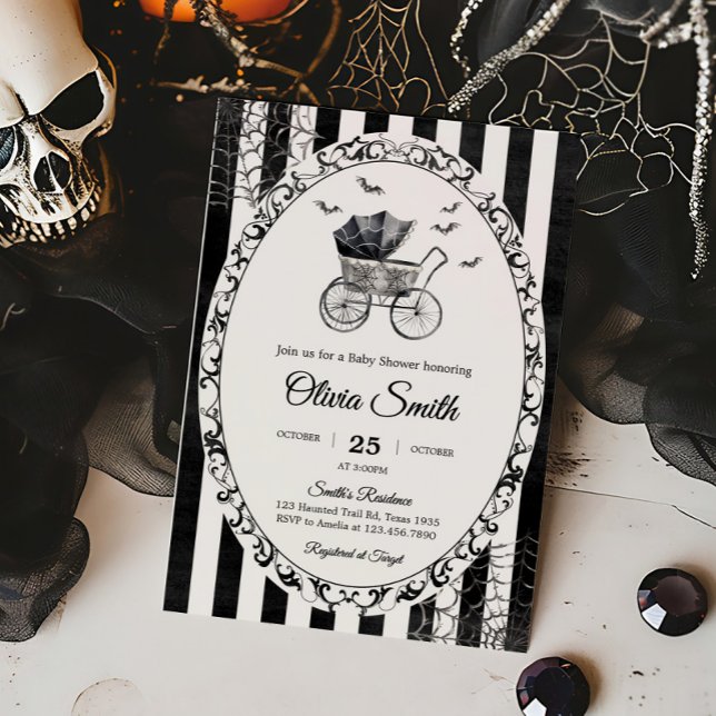 Gothic Carriage Halloween Baby Shower Inbjudningar (Gothic Vintage Baby Carriage Stroller Bats Halloween Baby Shower Invitation)