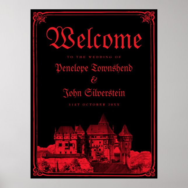 Gothic Castle Border Black Red Wedding Welcome Poster (Framsidan)