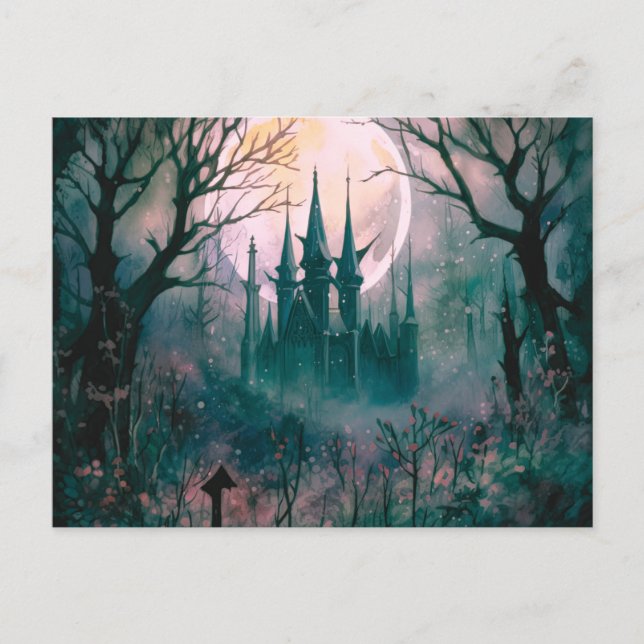 Gothic Castle Full Moon i Forest Halloween Helg Vykort (Framsida)