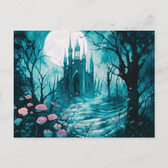 Gothic Castle Full Moon i Forest Halloween Helg Vykort (Framsida)