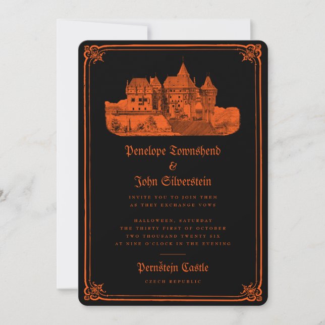 Gothic Castle Orange Black Halloween Bröllop Inbjudningar (Framsida)