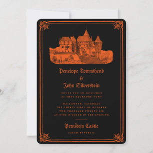 Gothic Castle Orange Black Halloween Bröllop Inbjudningar