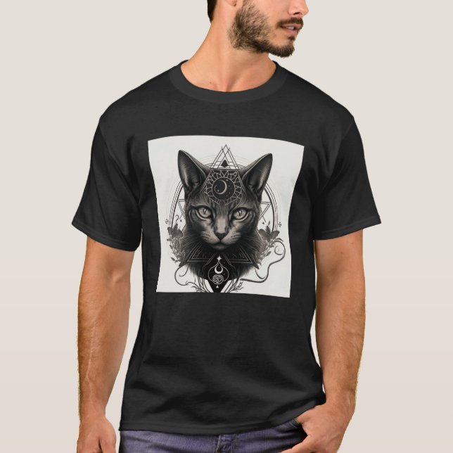 Gothic Cat with Wiccan and Occult Symbols T Shirt (Framsida)