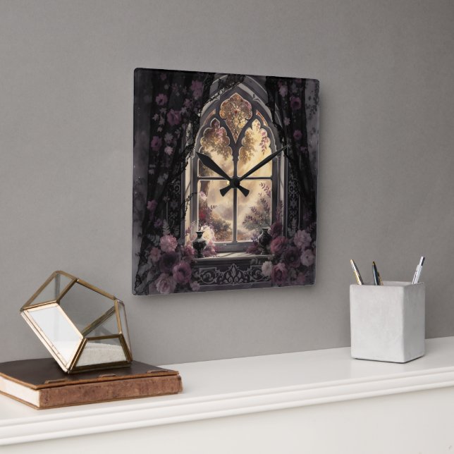 Gothic Cathedral Window Lila Ro Art Fyrkantig Klocka (Kontor)