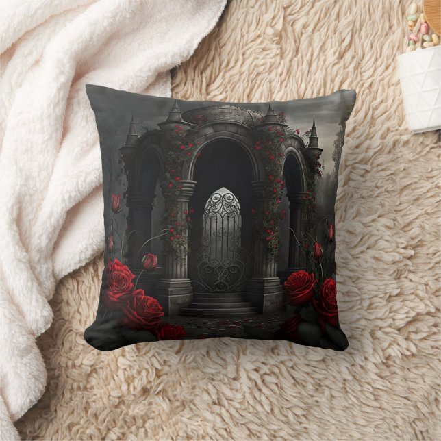 Gothic Cemetery Gazebo med Röd ros i natt Kudde (Filt)