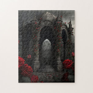 Gothic Cemetery Gazebo med Röd ros i natt Pussel