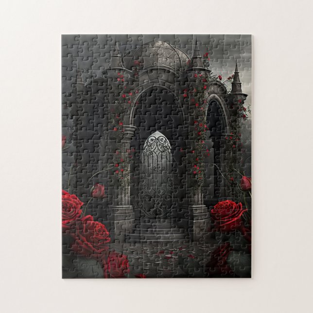Gothic Cemetery Gazebo med Röd ros i natt Pussel (Vertikal)