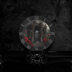 Gothic Cemetery Gazebo med Röd ros i natt Rund Klocka