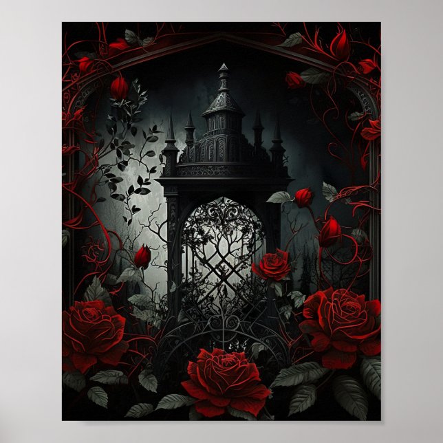 Gothic Cemetery Ro Garden med rött och svart Poster (Framsidan)