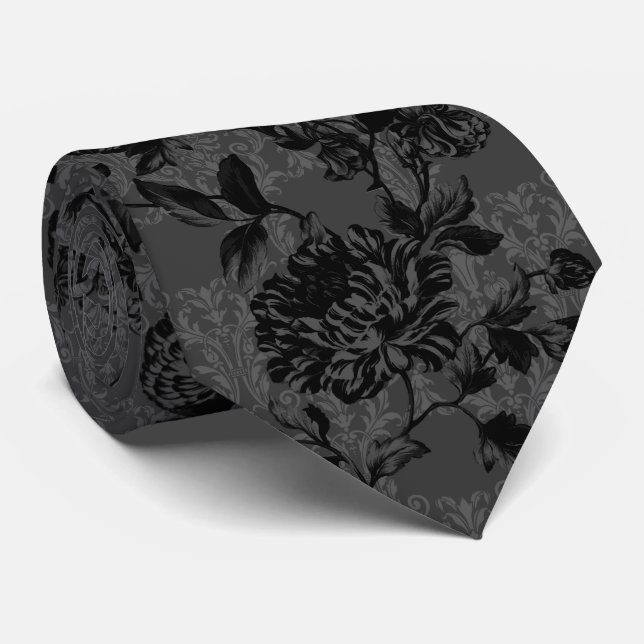 Gothic Charcol Damask Black Blommigt Bröllop Slips (Rullad)