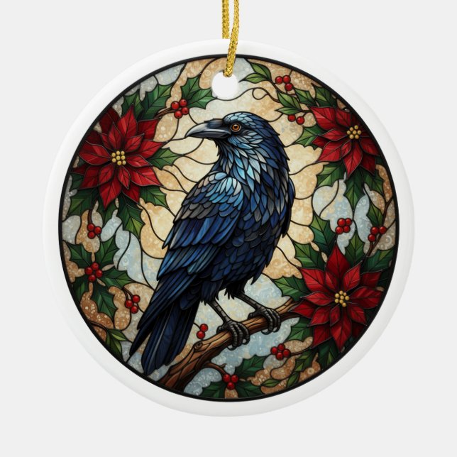 Gothic Christmas Raven Poinsettia Ceramic Ornament (Framsidan)