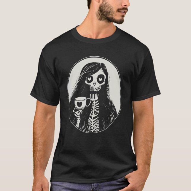 Gothic Coffee Drinking Skeleton Women T Shirt (Framsida)