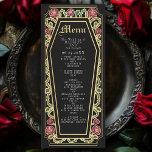 Gothic Coffin Ro Black Bröllop Menu Meny<br><div class="desc">Lägg till en gnutta god elegans till festen med de här bröllop-menyer som har en kaffeformad ram, försedd med bröstkorg, ro och guld mot en svart bakgrund. Perfekt för en skrämmande romantisk matupplevelse! Anpassa texten, teckensnittet och bakgrunden färg till kostym till designinställningarna. Matcha artiklar i vår butik för ett helt...</div>