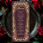 Gothic Coffin Ro Red Bröllop Menu Meny<br><div class="desc">Lägg till en gnutta god elegans till festen med de här bröllop-menyer som har en kaffeformad ram, försedd med bröstkorg, ro och guld mot rikens röda bakgrund. Perfekt för en skrämmande romantisk matupplevelse! Anpassa texten, teckensnittet och bakgrunden färg till kostym till designinställningarna. Matcha artiklar i vår butik för ett helt...</div>