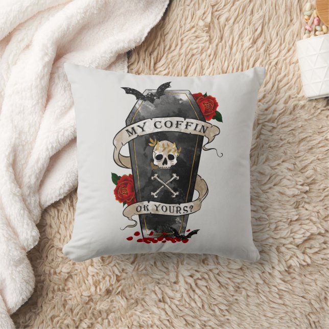 Gothic Coffin & Skull med Röd ros Kudde (Filt)